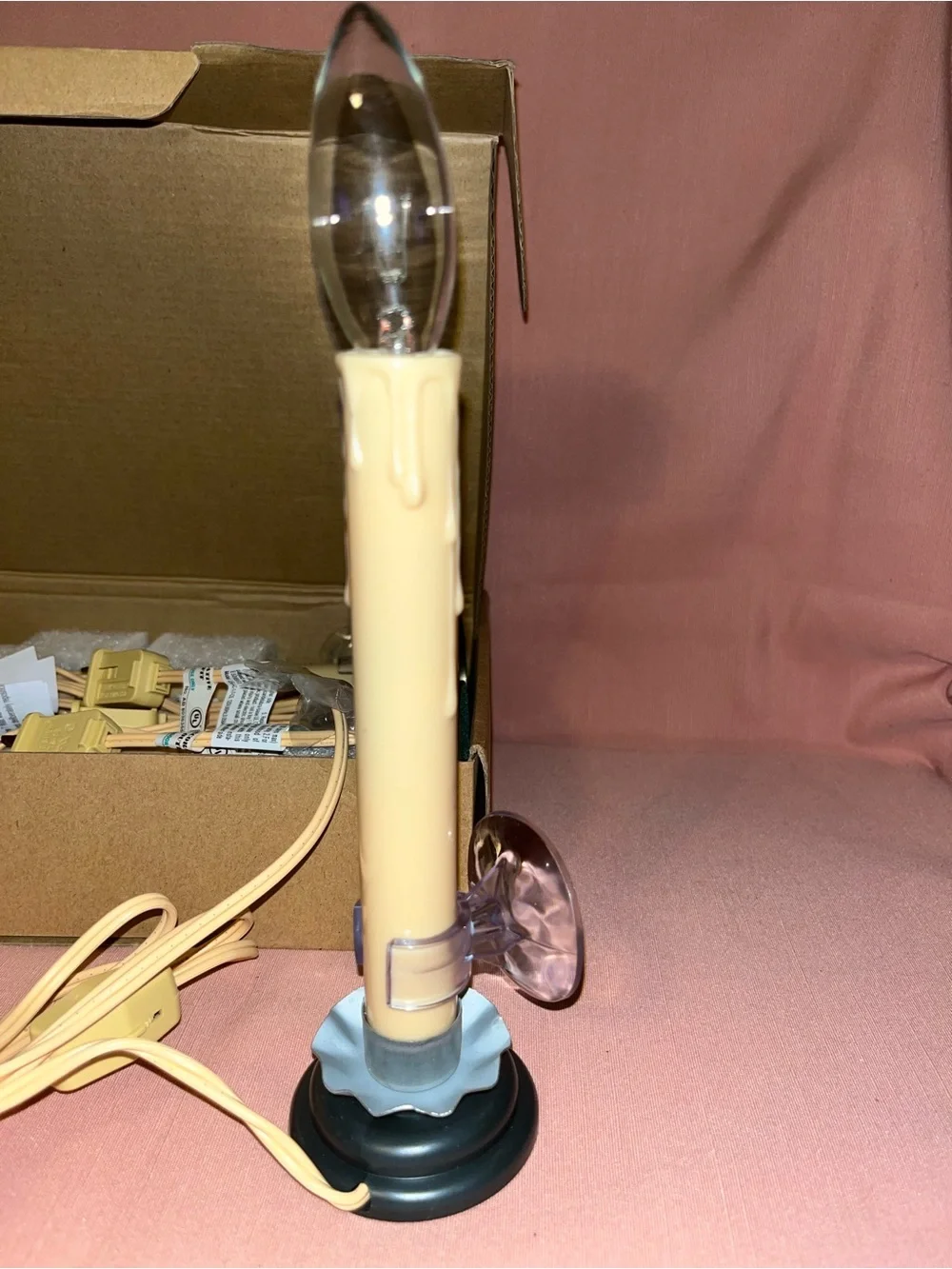 Taper Candle Lamp in Cream with Black Base plug in with on switch pk of 4